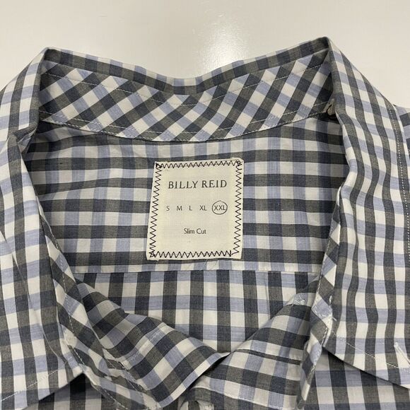 Billy Reid Men's Dress Shirt Italy Blue Gray Check Button Up Plaid Size XXL - Picture 6 of 7